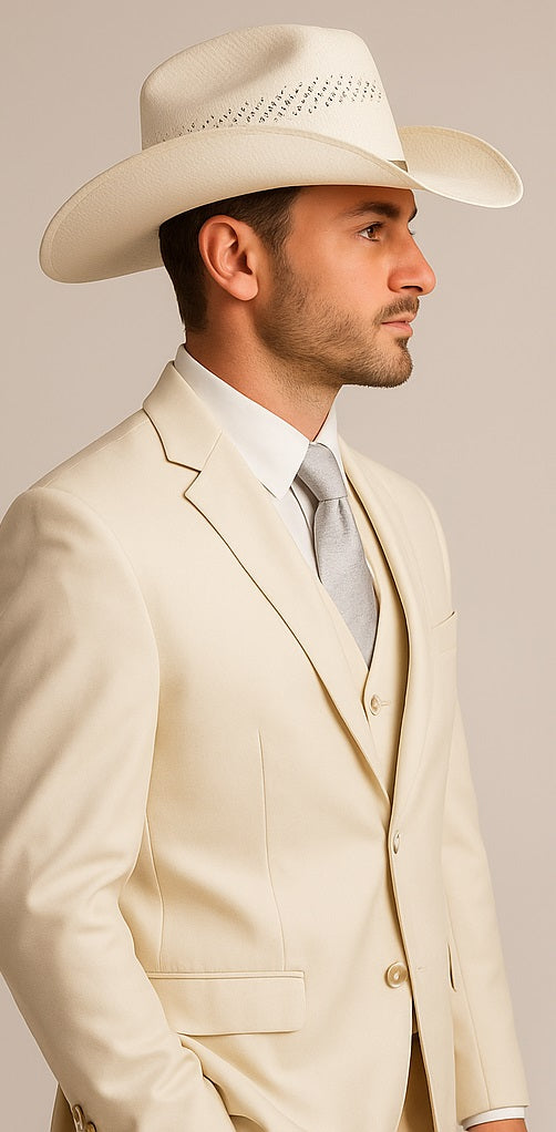 Mens Natural - Sand Cowboy Tuxedo - White Cowboy Suit - Western Suit (Jacket + Pants)