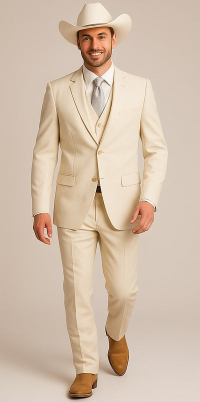 Mens Natural - Sand Cowboy Tuxedo - White Cowboy Suit - Western Suit (Jacket + Pants)