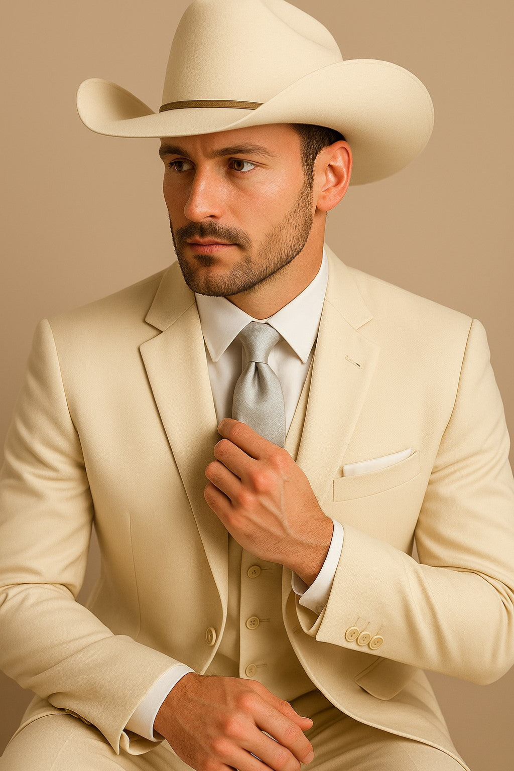 Mens Natural - Sand Cowboy Tuxedo - White Cowboy Suit - Western Suit (Jacket + Pants)