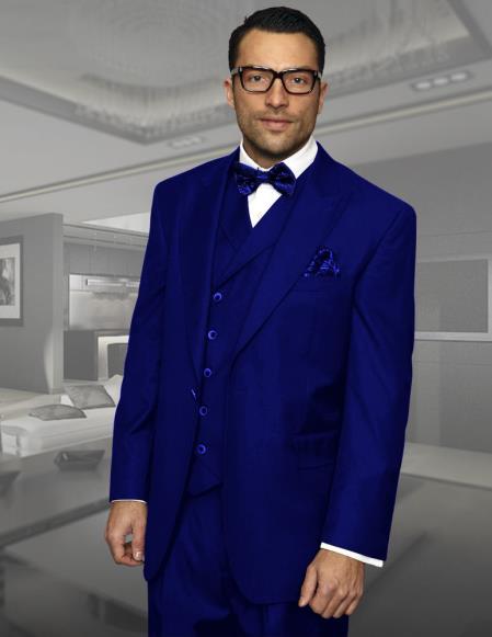 Navy Blue Classic Fit Pleated Wool Suit by ROSSI MAN