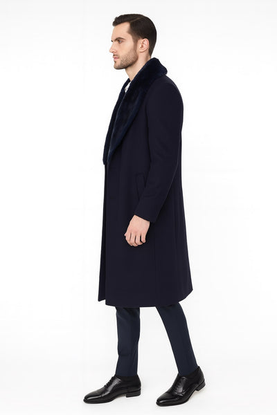 Men's Navy Overcoat with Faux Fur Collar