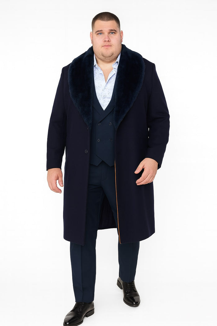 Men's Navy Overcoat with Faux Fur Collar