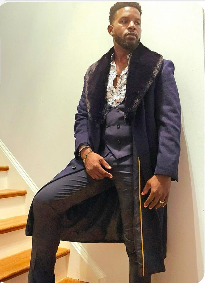 Men's Navy Overcoat with Faux Fur Collar