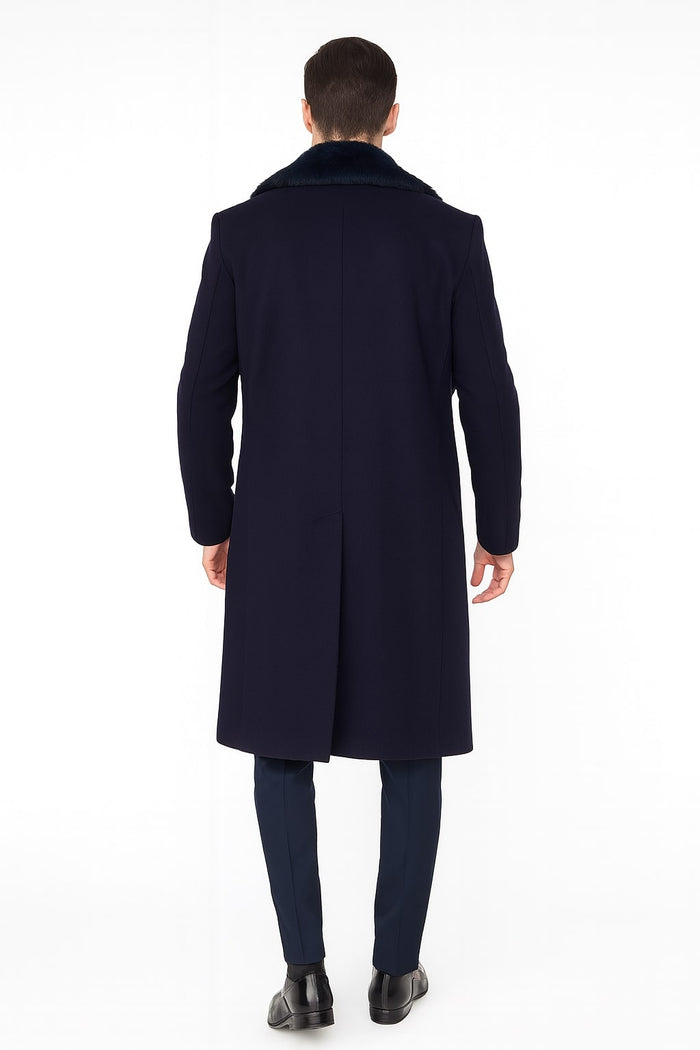 Men's Navy Overcoat with Faux Fur Collar