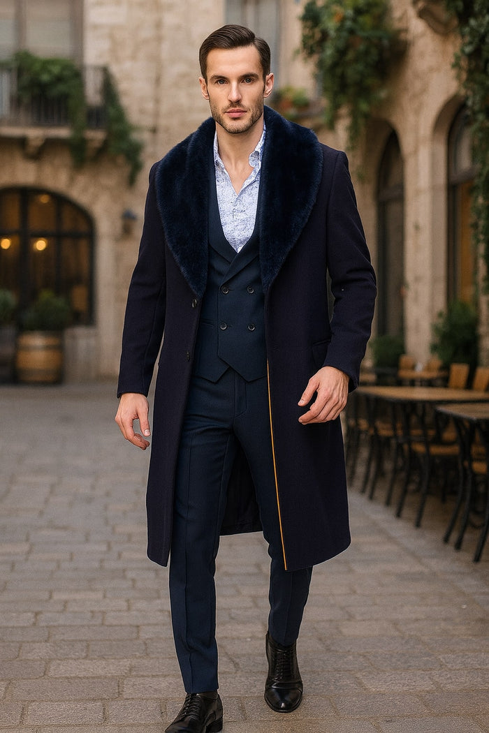 Men's Navy Overcoat with Faux Fur Collar