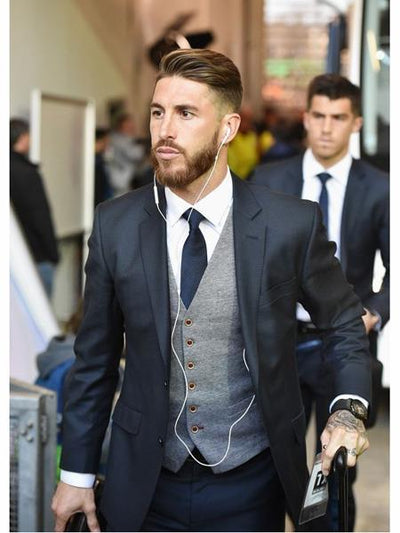 Navy Blue Suit For Men With Grey Vest Vested 3 Piece suit