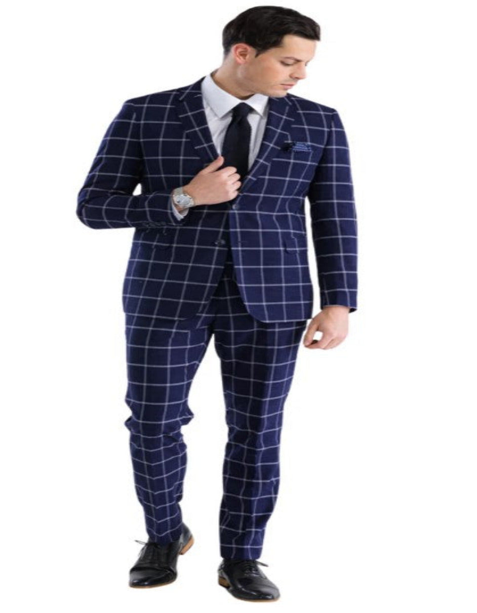 Men's Navy Plaid Windowpane Suit with Vest