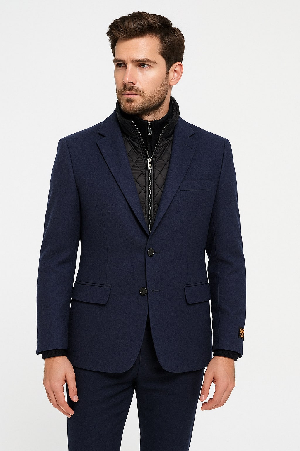 Navy Cashmere Wool Blazer with Quilted Inner Layer