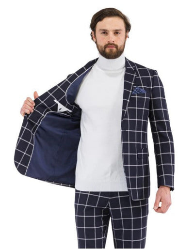 Windowpane Plaid Navy Suit with Vest