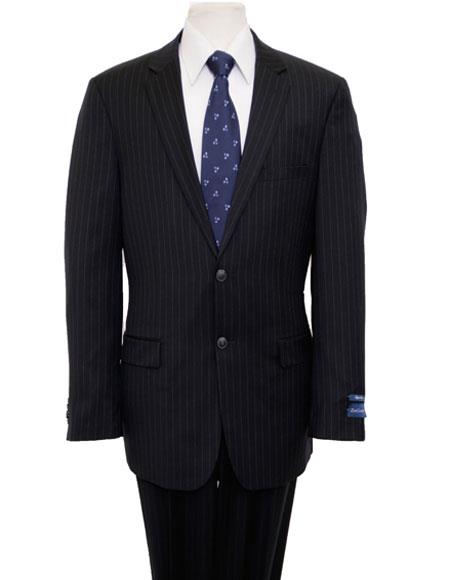 Designer Affordable Inexpensive Men's Pinstripe Classic Dark Navy Suit Flat Front Pant
