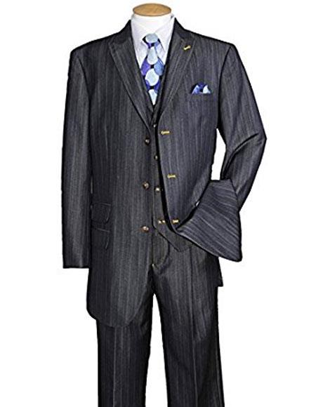 Men's Stripe ~ Pinstripe Peak Lapel Vested 3 Piece Dark Navy Cheap Priced Business Suits Clearance - Men's Denim 2 piece SetSale pleated pants Denim look Ticket Pocket
