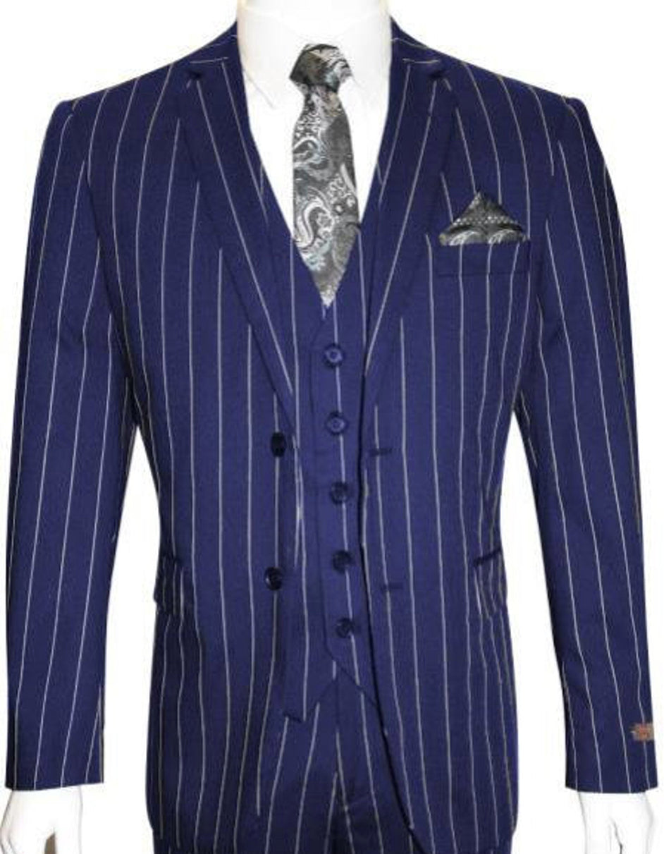 2 Button Gangster Pinstripe Suit, Dark Navy