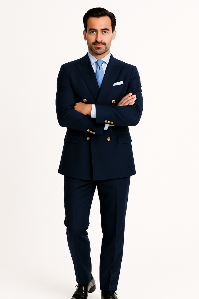 Double Breasted Blazer with Gold Buttons - Navy Blue Sport Coat