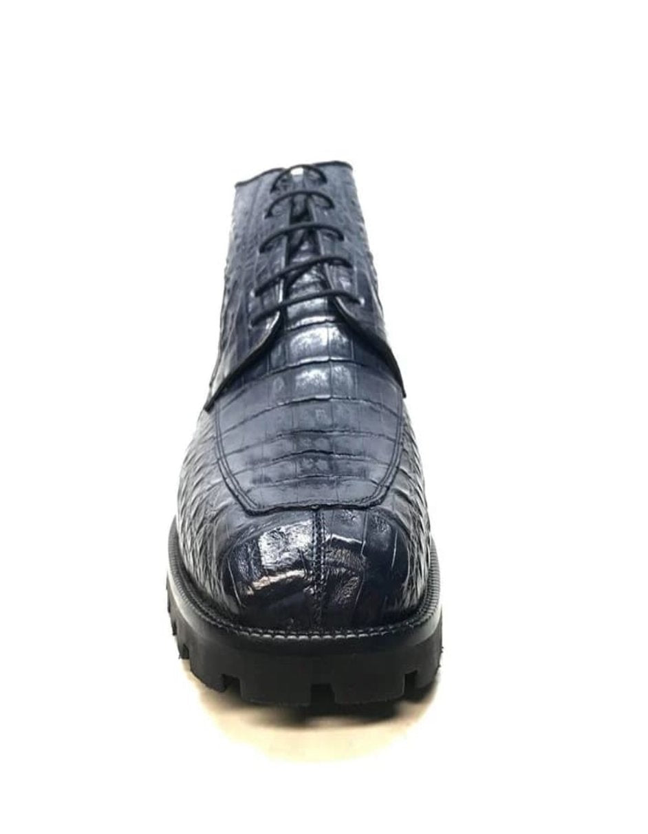 Navy Crocodile Lace-Up Ankle Boots by Los Altos