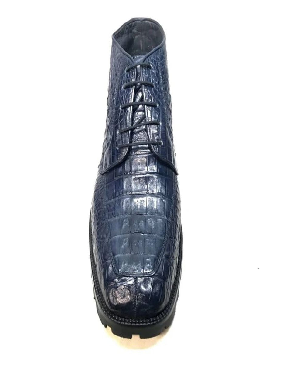 Navy Crocodile Lace-Up Ankle Boots by Los Altos