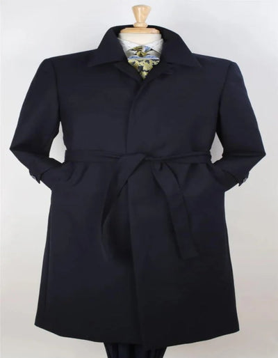 Navy Wool Gabardine Belted Duster Overcoat