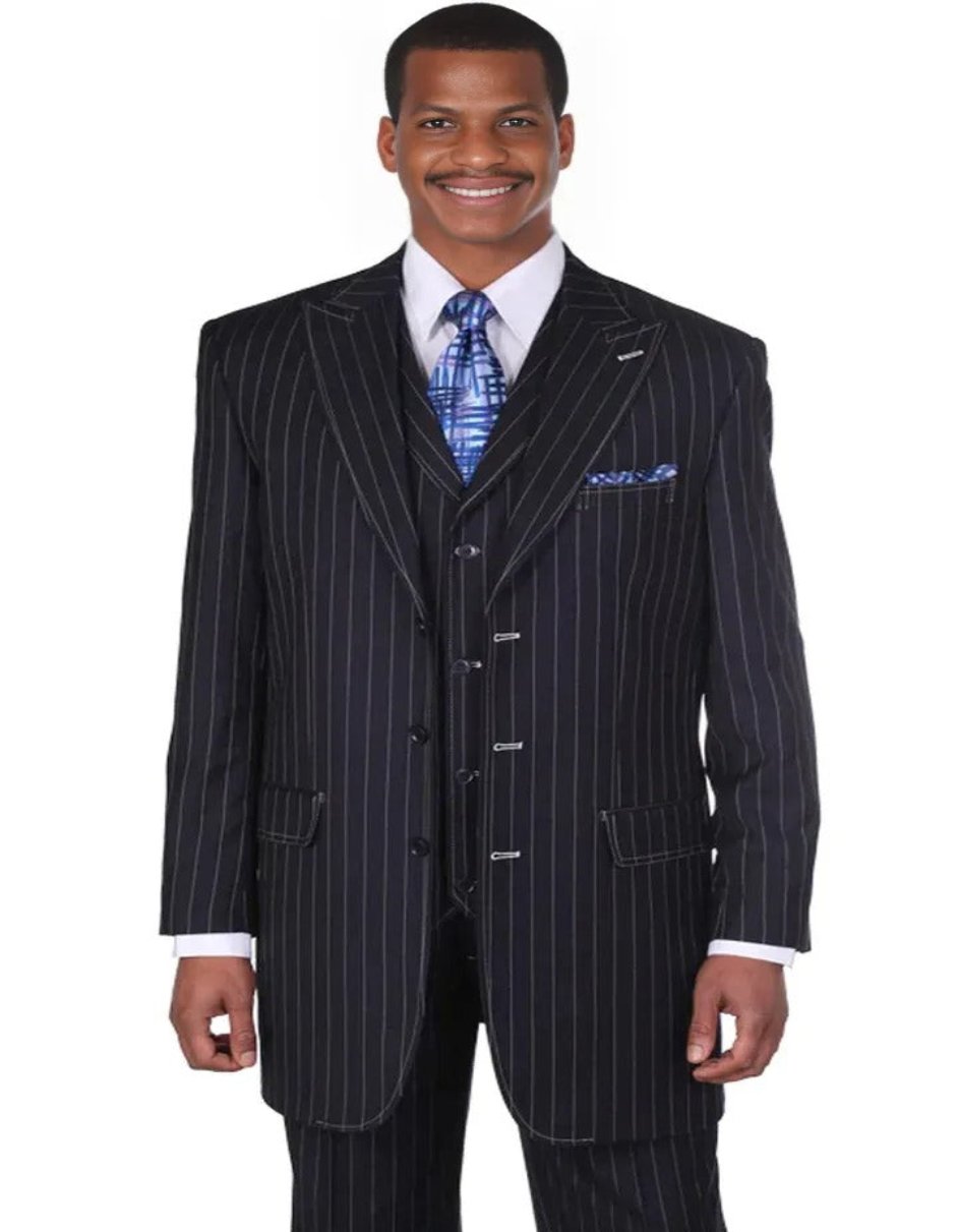 Navy Pinstripe Vintage Vested Men's Suit