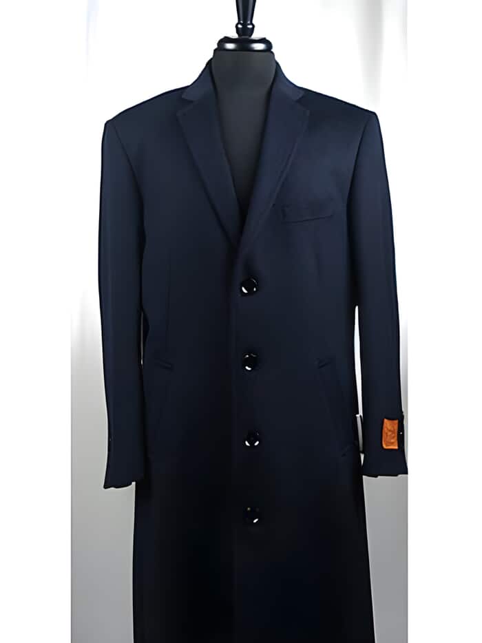 4 Button Wool Blend Navy Blue Overcoat