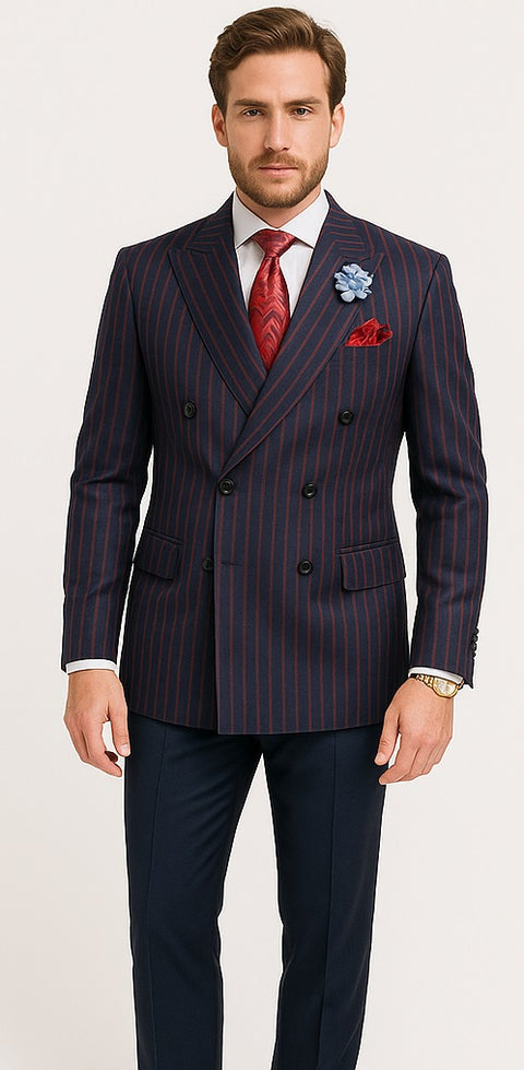 Navy Blue and Red Pinstripe Double Breasted Suit - Double Breasted Blazer
