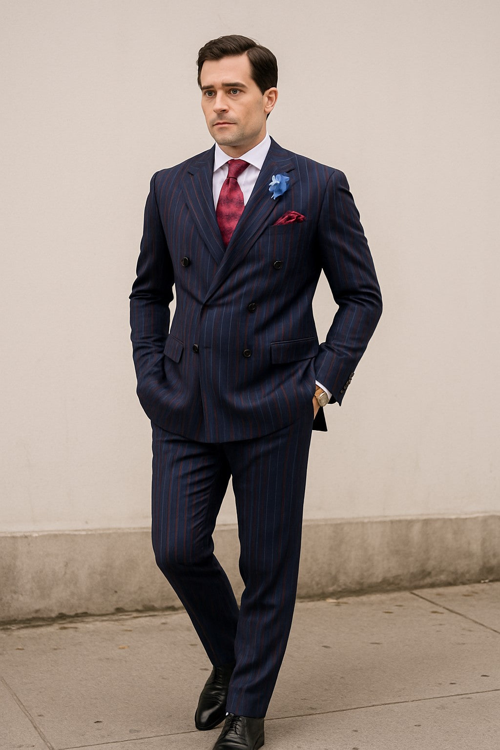 Navy Blue and Red Pinstripe Double Breasted Suit