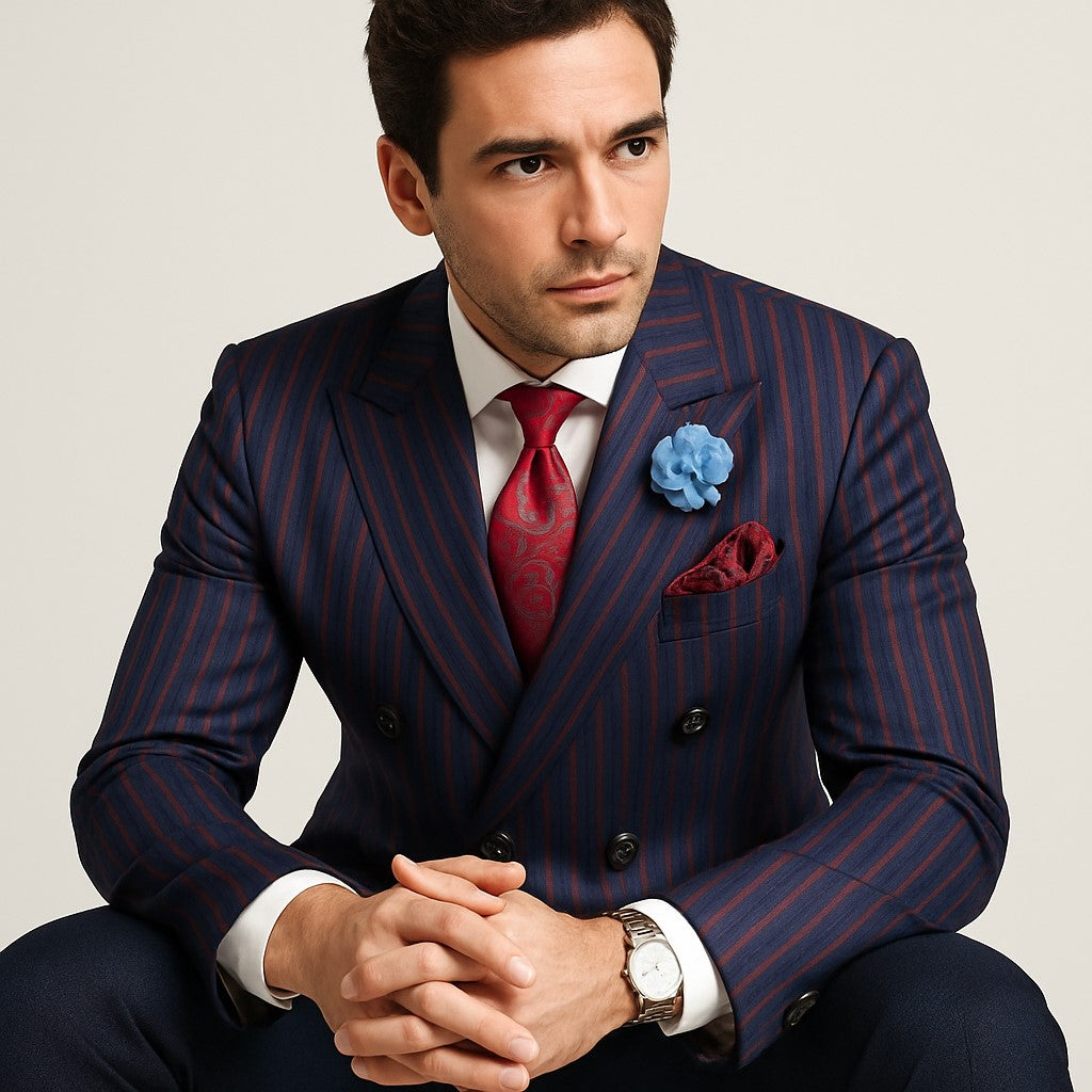 Navy Blue and Red Pinstripe Double Breasted Suit - Double Breasted Blazer