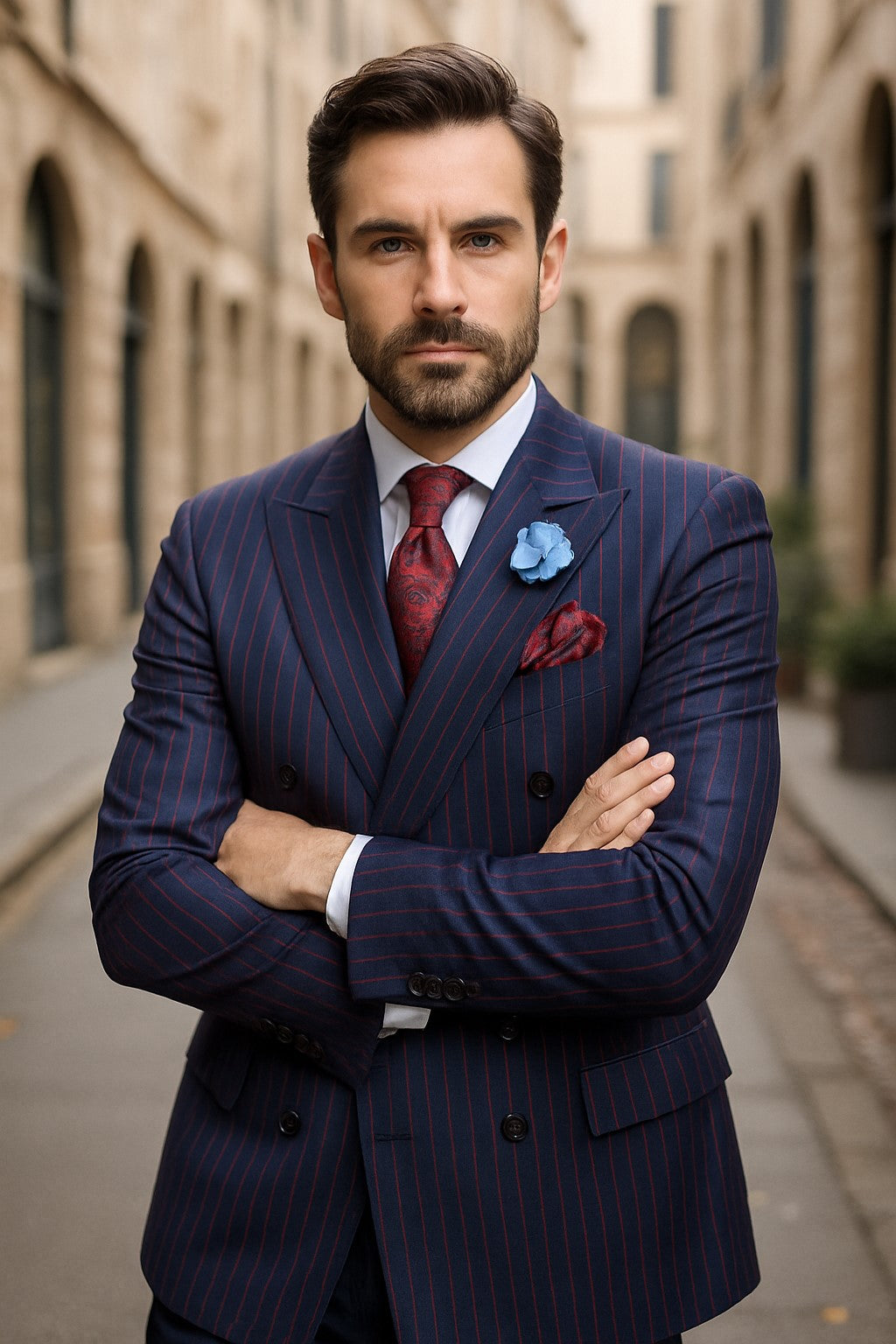 Navy Blue and Red Pinstripe Double Breasted Suit - Double Breasted Blazer