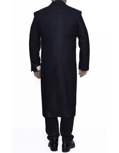 Navy Blue Wool 3 Button Ankle-Length Overcoat