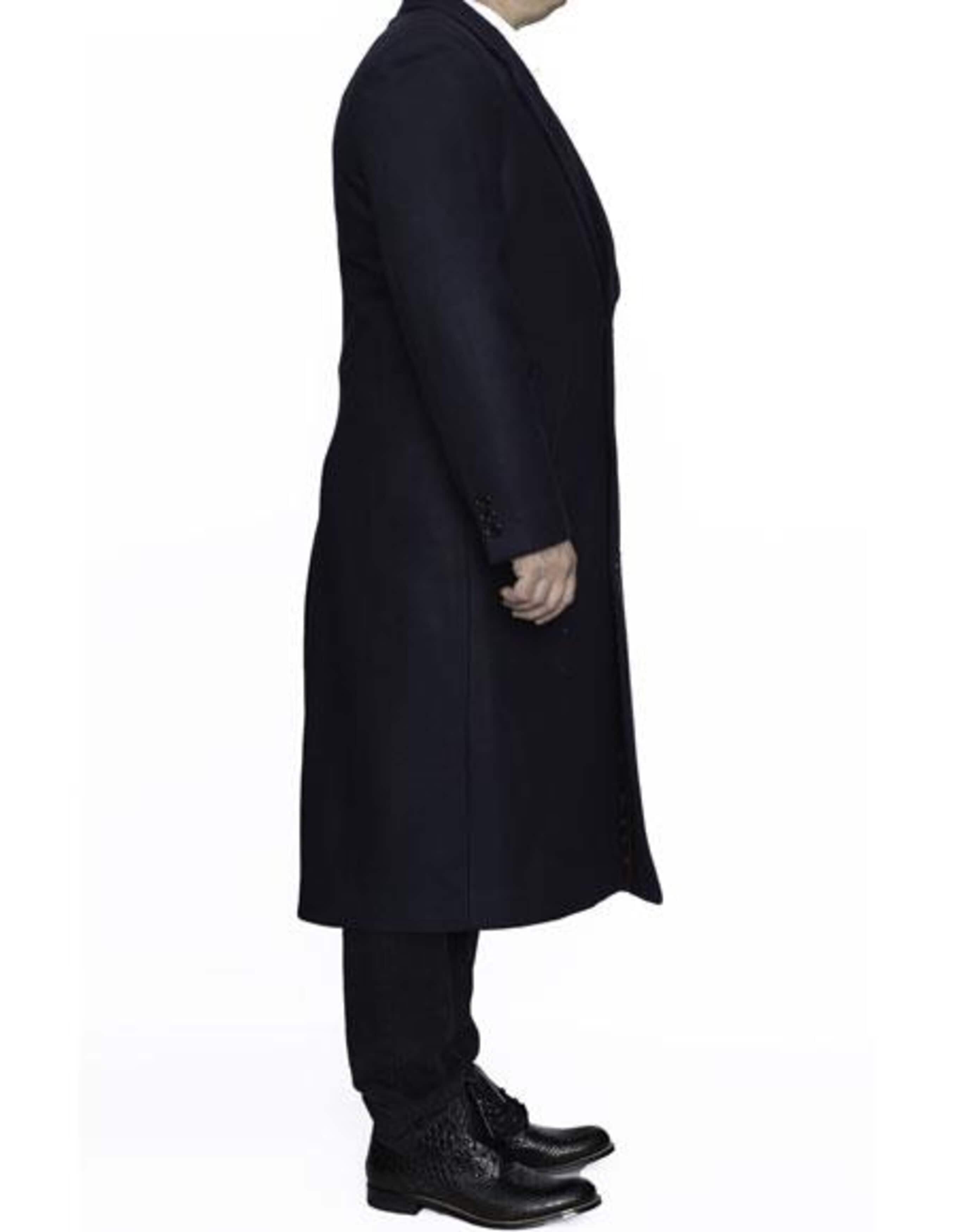 Navy Blue Wool 3 Button Ankle-Length Overcoat