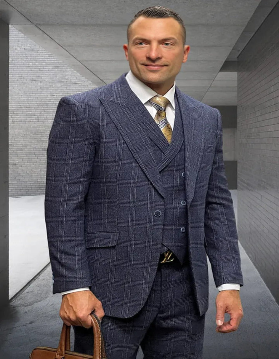 Men's Navy Windowpane Wool Plaid Suit