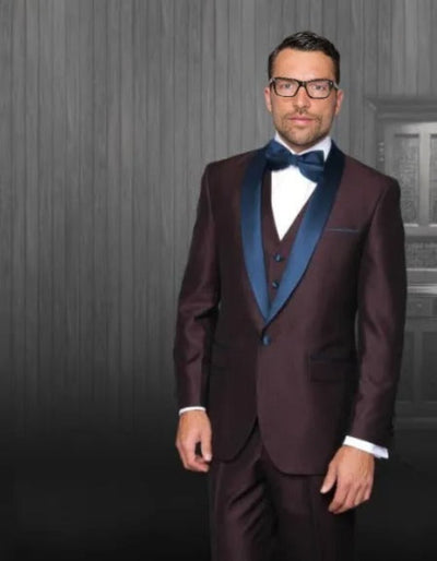 Men's Shawl Lapel Burgundy Tuxedo Gold