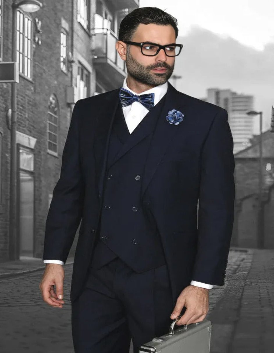Classic Fit Pleated Navy Double Breasted Suit