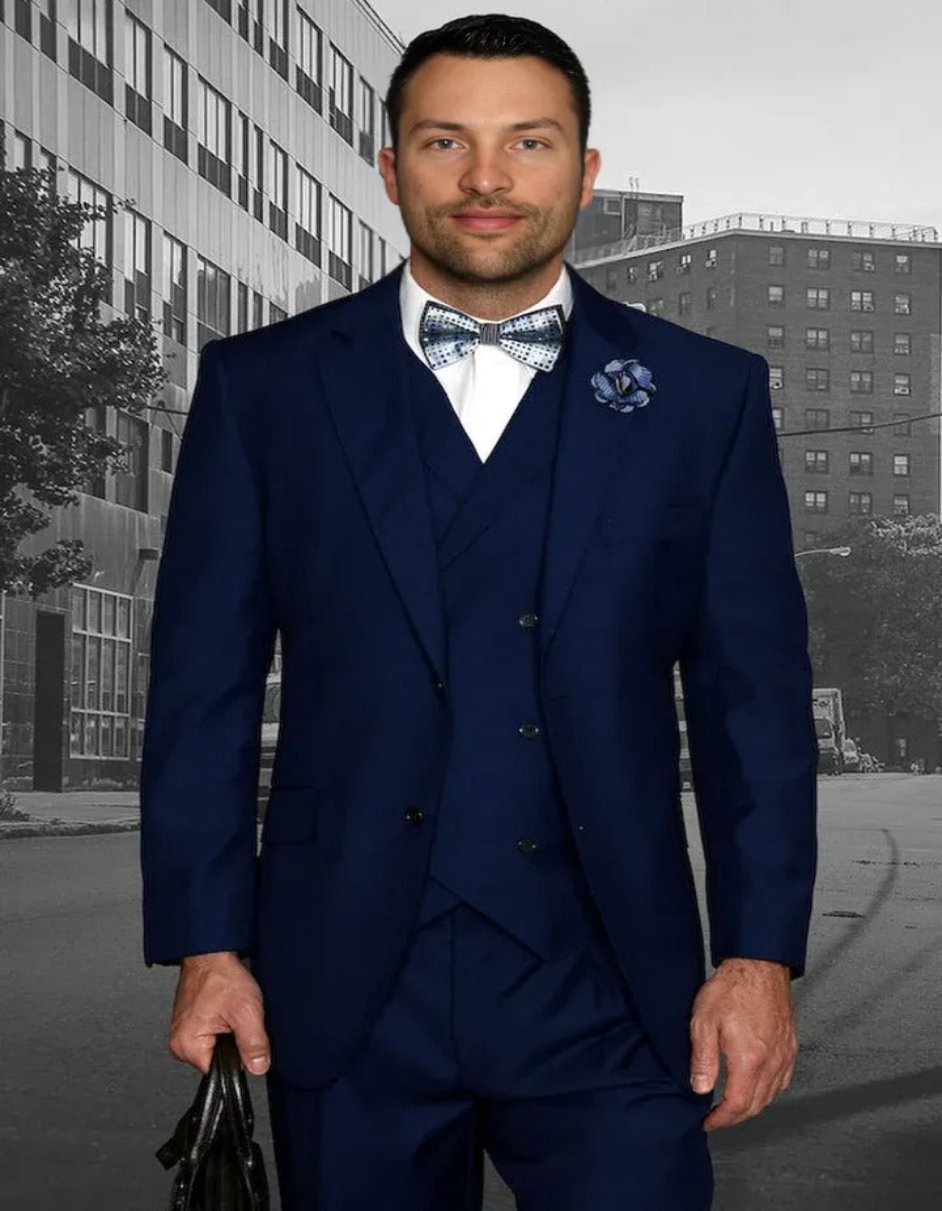 Sapphire Blue Wool Pleated Pant Suit for Men