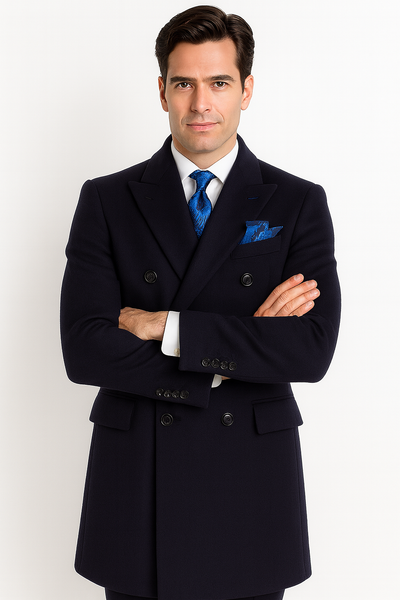 Navy Blue Overcoat - Blue Winter Topcoat - Fabric Double Breasted