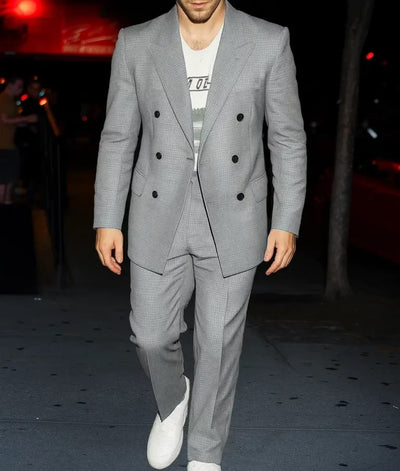 Nick Jonas Checkered Pattern Grey Suit