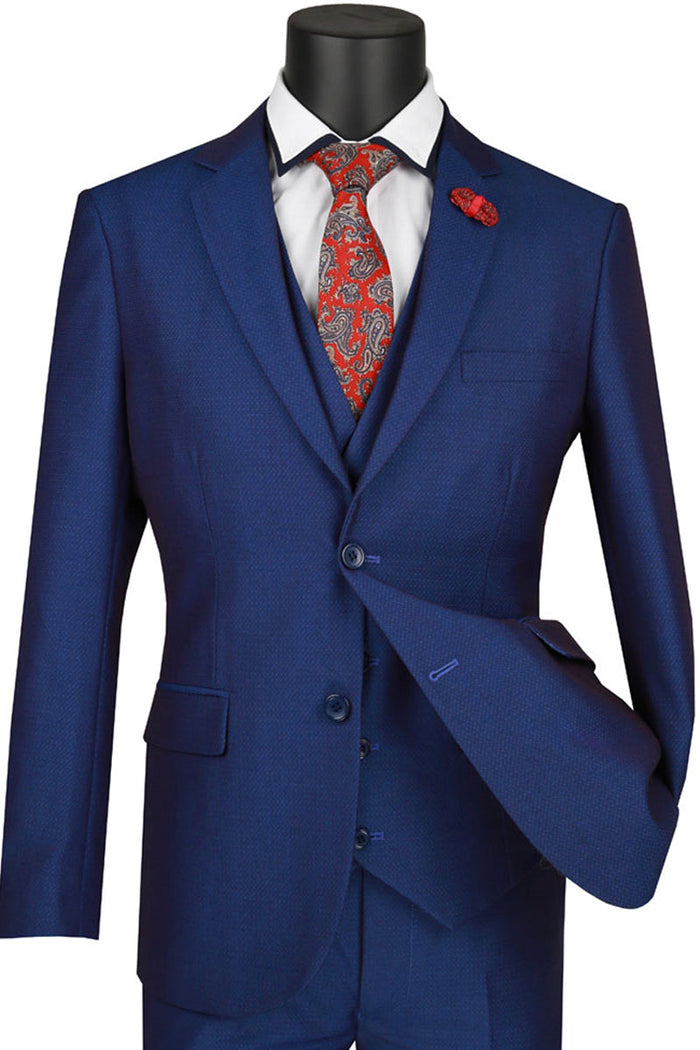 Mens Ultra Slim Fit Vested Textured Blue Suit