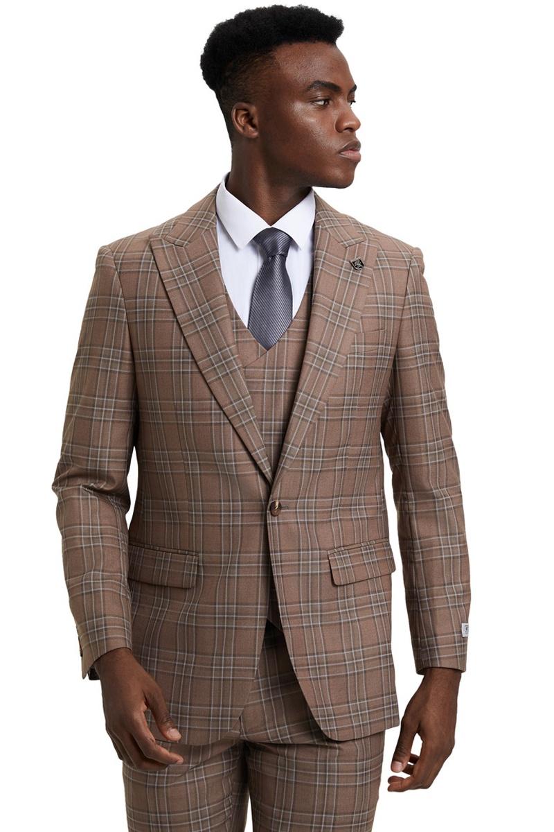 Stacy Adams Light Brown Plaid Peak Lapel Vest Suit