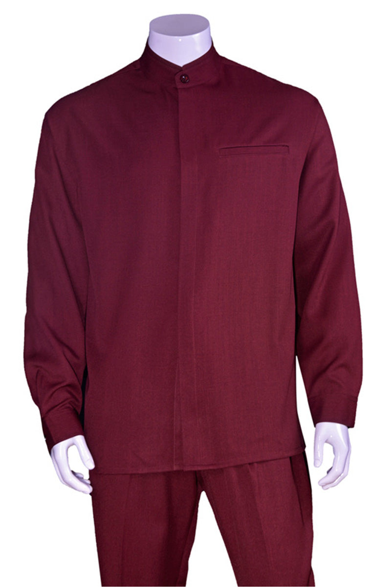 Burgundy Mandarin Collar Leisure Set for Men