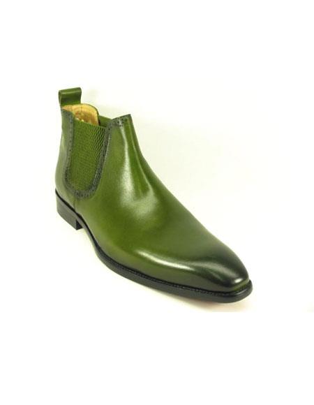 Mens Green Dress Shoes Mens Slip On Olive Burnished Leather Boot