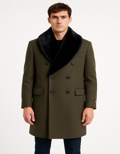Olive Green Wool Overcoat with Black Faux Fur Shawl