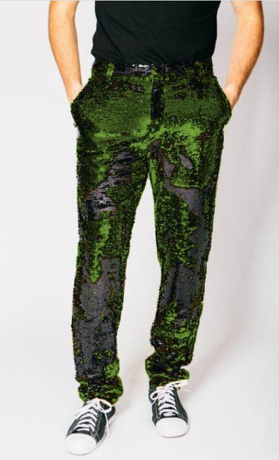 Mens Sequin Pants Olive Party Trousers