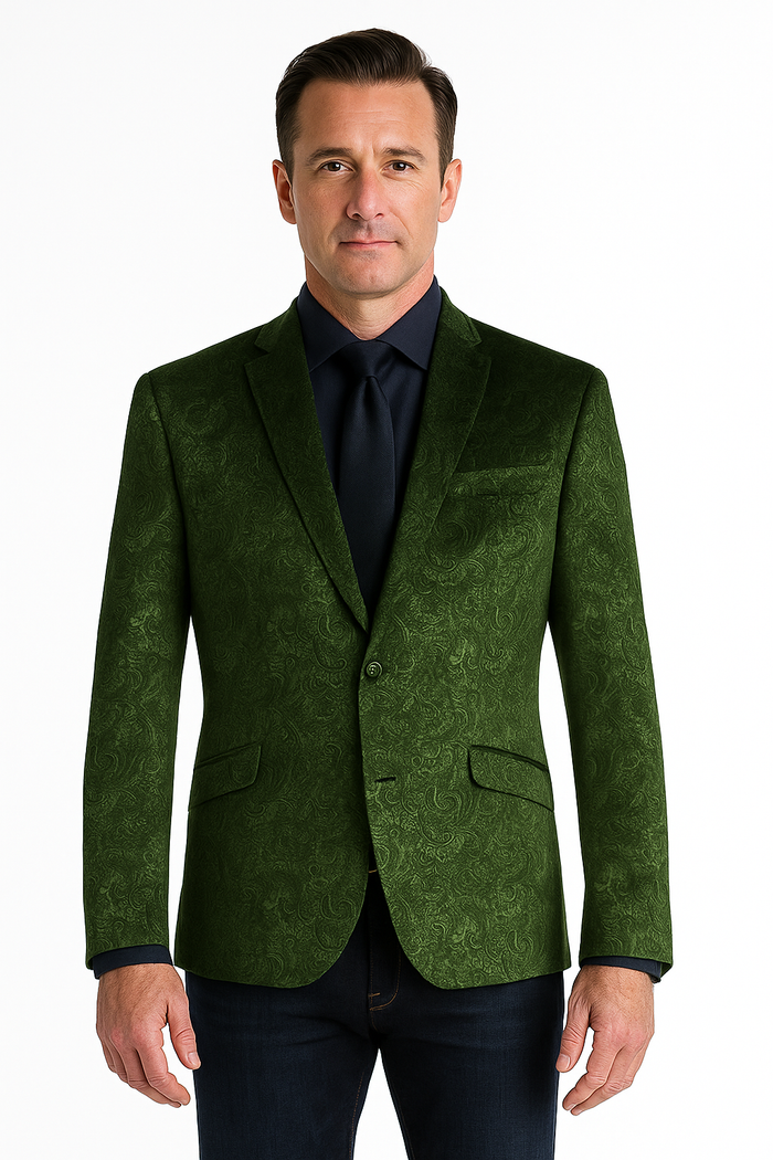 Olive Velvet Blazer - Paisley Sport Coat - Slim Fit