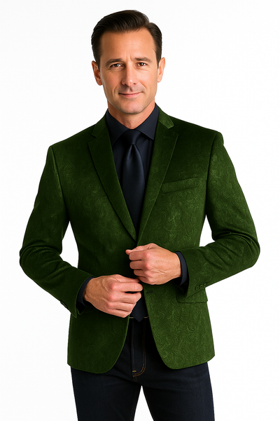 Olive Velvet Blazer - Paisley Sport Coat - Slim Fit