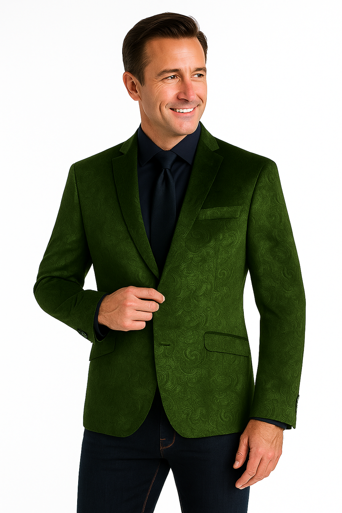 Olive Velvet Blazer - Paisley Sport Coat - Slim Fit