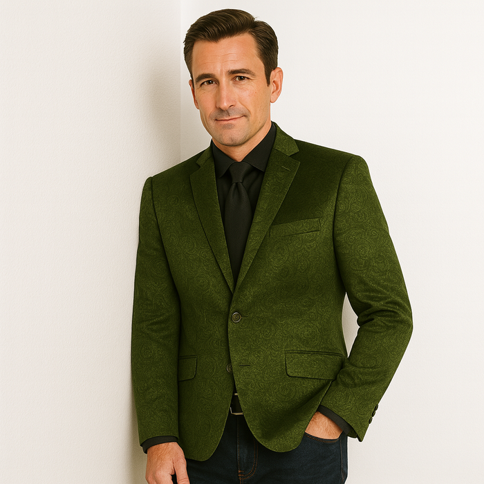 Olive Velvet Blazer - Paisley Sport Coat - Slim Fit