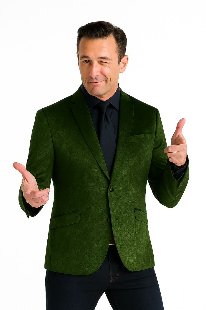 Olive Velvet Blazer - Paisley Sport Coat - Slim Fit