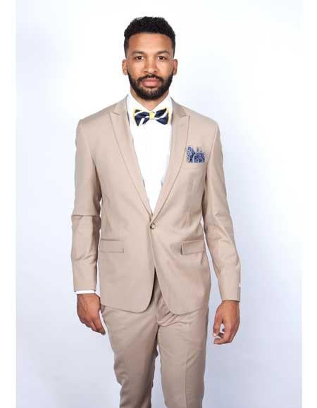 Beige Slim Fit Suit for Men by Rossiman Rossi | Tailored Skinny Fit Formal Suit – Italian 3-Piece Luxury Design