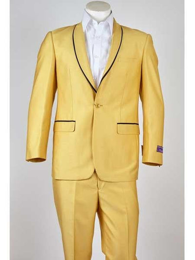Men's One Button Black Trim Shawl Lapel Gold Slim Fit Suit