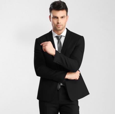 Men's Black 1 Button Peak Lapel Slim Fitted Suit with Flat Front Pant
