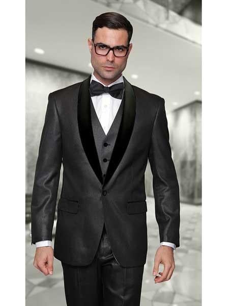 Men's One Button Statement Suits Clothing Confidence Wynn Modern Fit 3 Piece Shiny Black Tuxedo