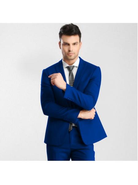 Men's Royal Blue Button Peak Lapel Slim Fitted Dress Suits for Men with Flat Front Pant